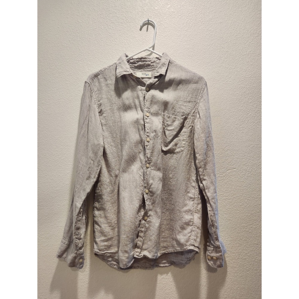 Uniqlo Women Premium Linen Button Down Shirt Light Grey Long Sleeve Small 4